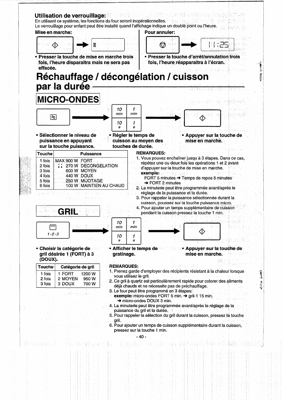 Utilisation de verrouillage, Réchauffage / décongéiation / cuisson par ia durée, Micro-ondes | Gril | Panasonic NNK557 User Manual | Page 40 / 46