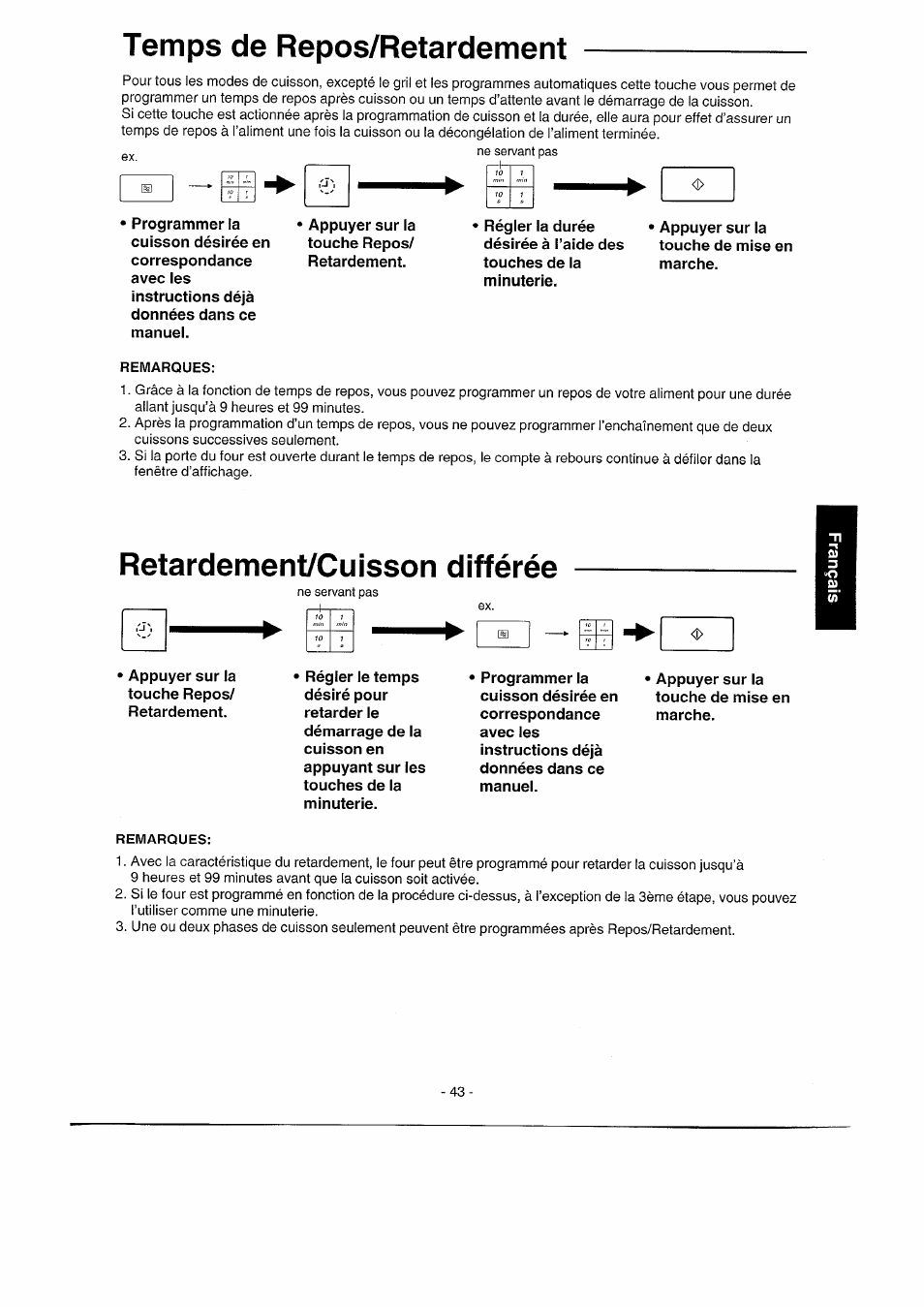Temps de repos/retardement, Retardement/cuisson différée | Panasonic NNK557 User Manual | Page 43 / 46