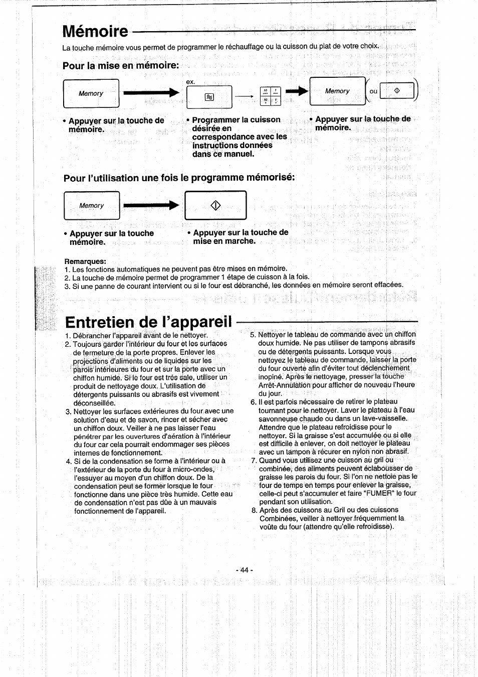 Pour la mise en mémoire, Pour l’utilisation une fois le programme mémorisé, Remarques | Mémoire, Entretien de l’appareil | Panasonic NNK557 User Manual | Page 44 / 46