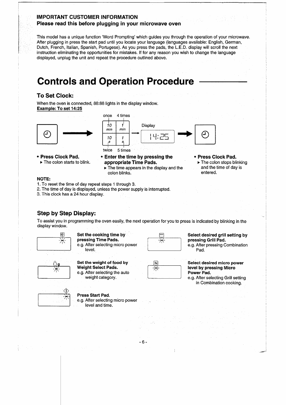 To set clock, Enter the time by pressing the, Appropriate time pads | Step by step display, Controls and operation procedure | Panasonic NNK557 User Manual | Page 6 / 46