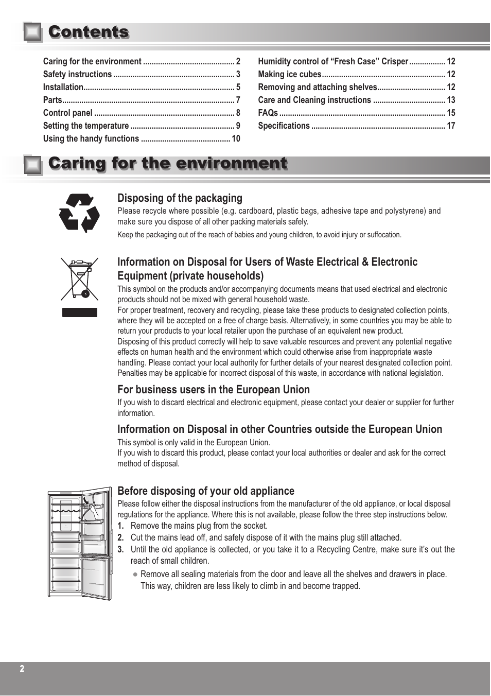 Caring for the environment contents | Panasonic NRBN31AS1 User Manual | Page 2 / 68