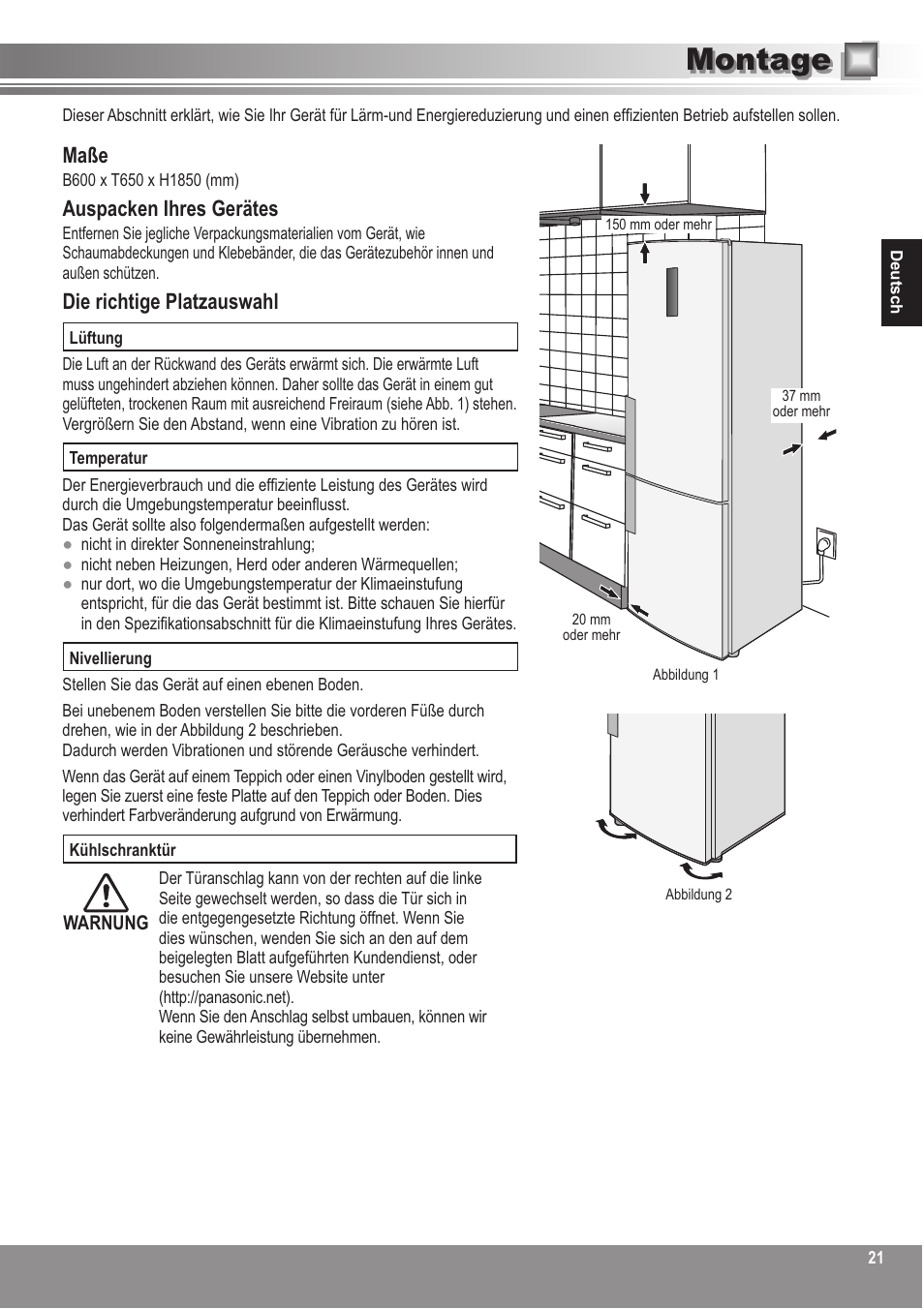 Montage, Maße, Auspacken ihres gerätes | Die richtige platzauswahl | Panasonic NRBN31AS1 User Manual | Page 21 / 68