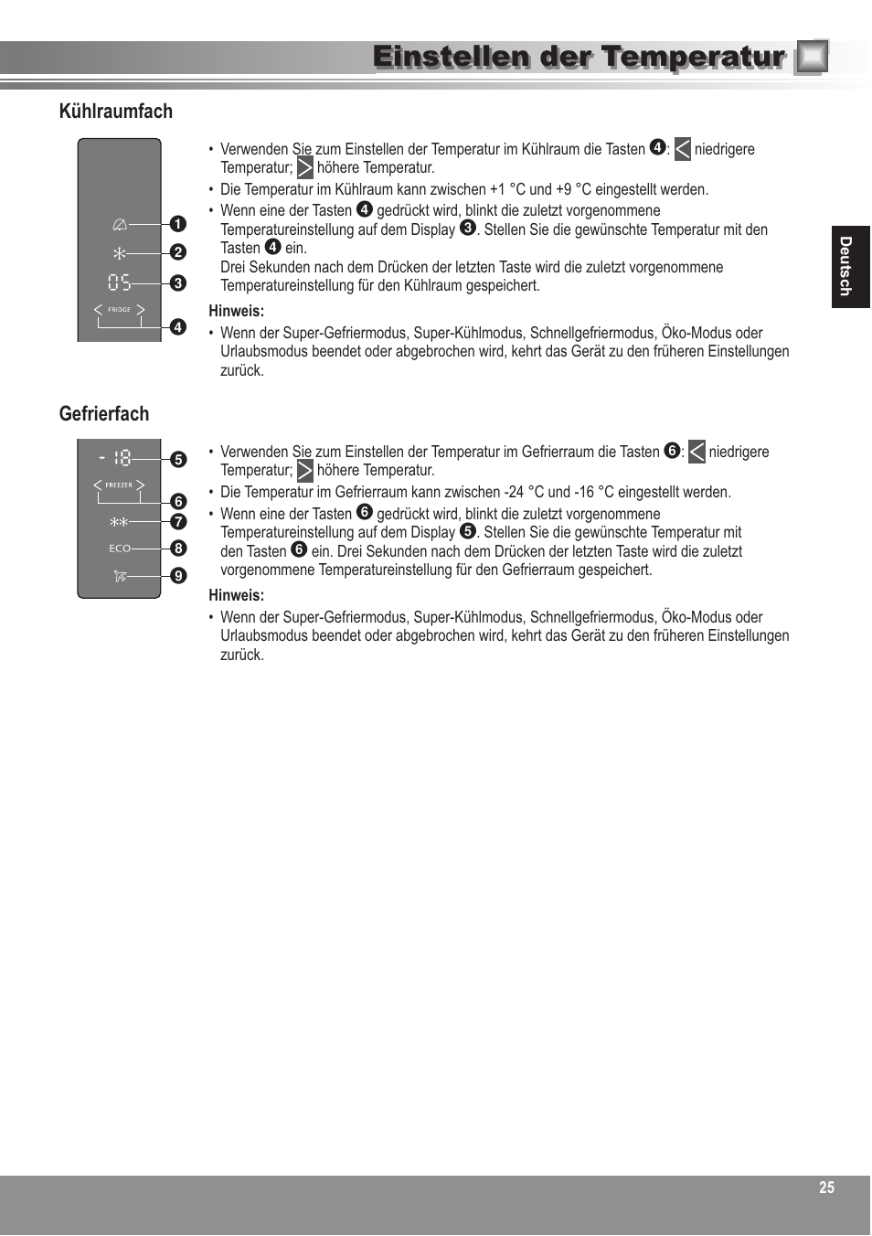 Einstellen der temperatur, Kühlraumfach, Gefrierfach | Panasonic NRBN31AS1 User Manual | Page 25 / 68