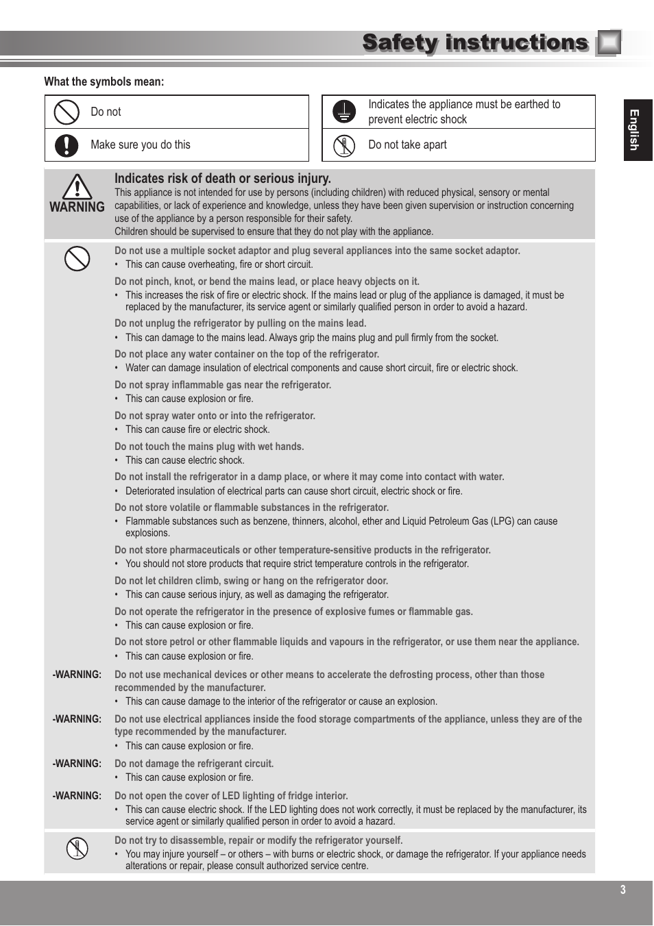 Safety instructions, Warning indicates risk of death or serious injury | Panasonic NRBN31AS1 User Manual | Page 3 / 68
