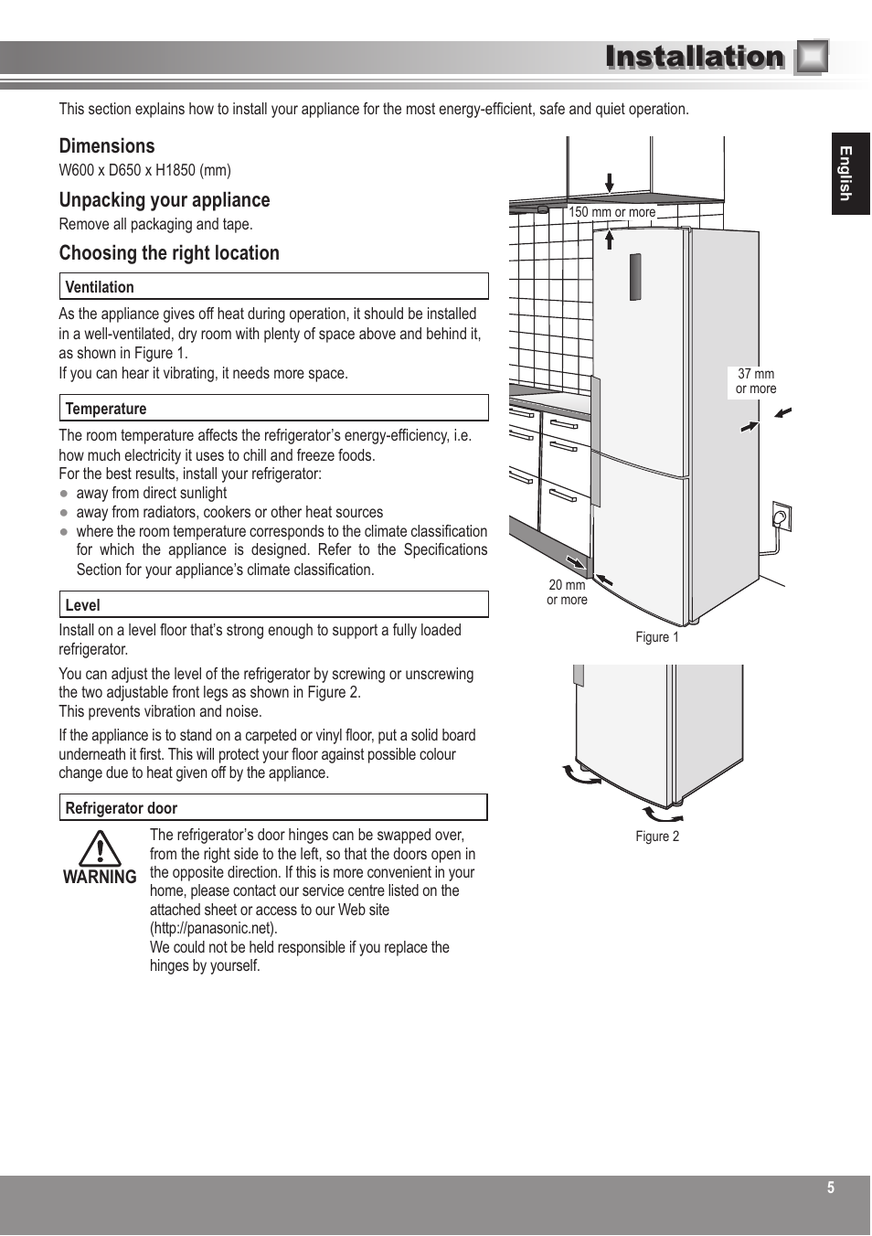 Installation, Dimensions, Unpacking your appliance | Choosing the right location | Panasonic NRBN31AS1 User Manual | Page 5 / 68
