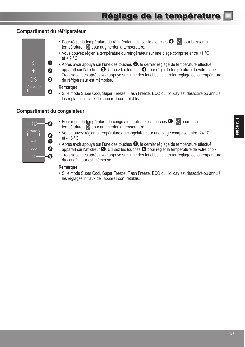 Réglage de la température, Compartiment du réfrigérateur, Compartiment du congélateur | Panasonic NRBN31AS1 User Manual | Page 57 / 68