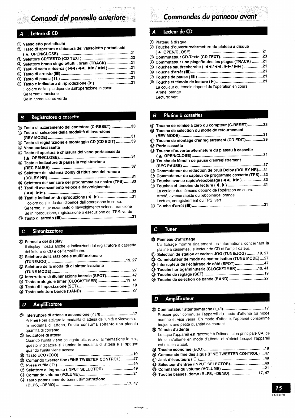 Comandi del pannello anteriore, Commandes du panneau avant | Panasonic SCHD505MD User Manual | Page 15 / 56