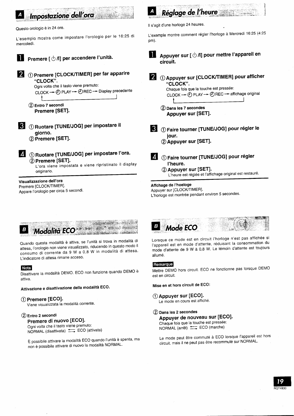 9 impostazione dell'ora, Q réglage de l'heure, Modalità eco | Mode eco, Impostazione dell’ora, Réglage de l’heure mode eco, T______________________ i | Panasonic SCHD505MD User Manual | Page 19 / 56