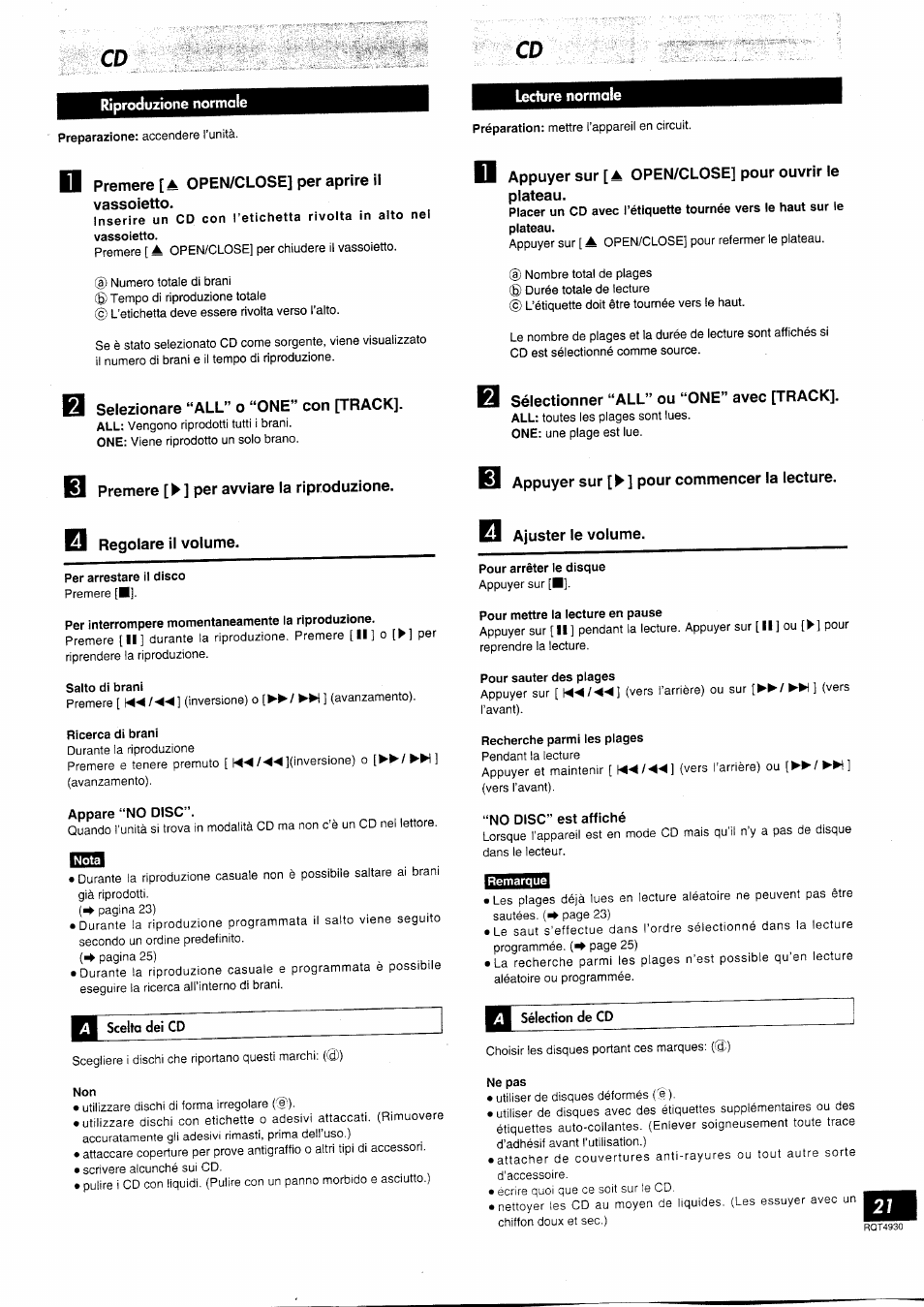 Premere [ a open/close] per aprire il vassoietto, Appuyer sur [a open/close] pour ouvrir le plateau, Selezionare “all” o “one” con [track | Sélectionner “all” ou “one” avec [track, Premere [►] per avviare la riproduzione, Appuyer sur [^] pour commencer la lecture, Regolare il volume | Panasonic SCHD505MD User Manual | Page 21 / 56