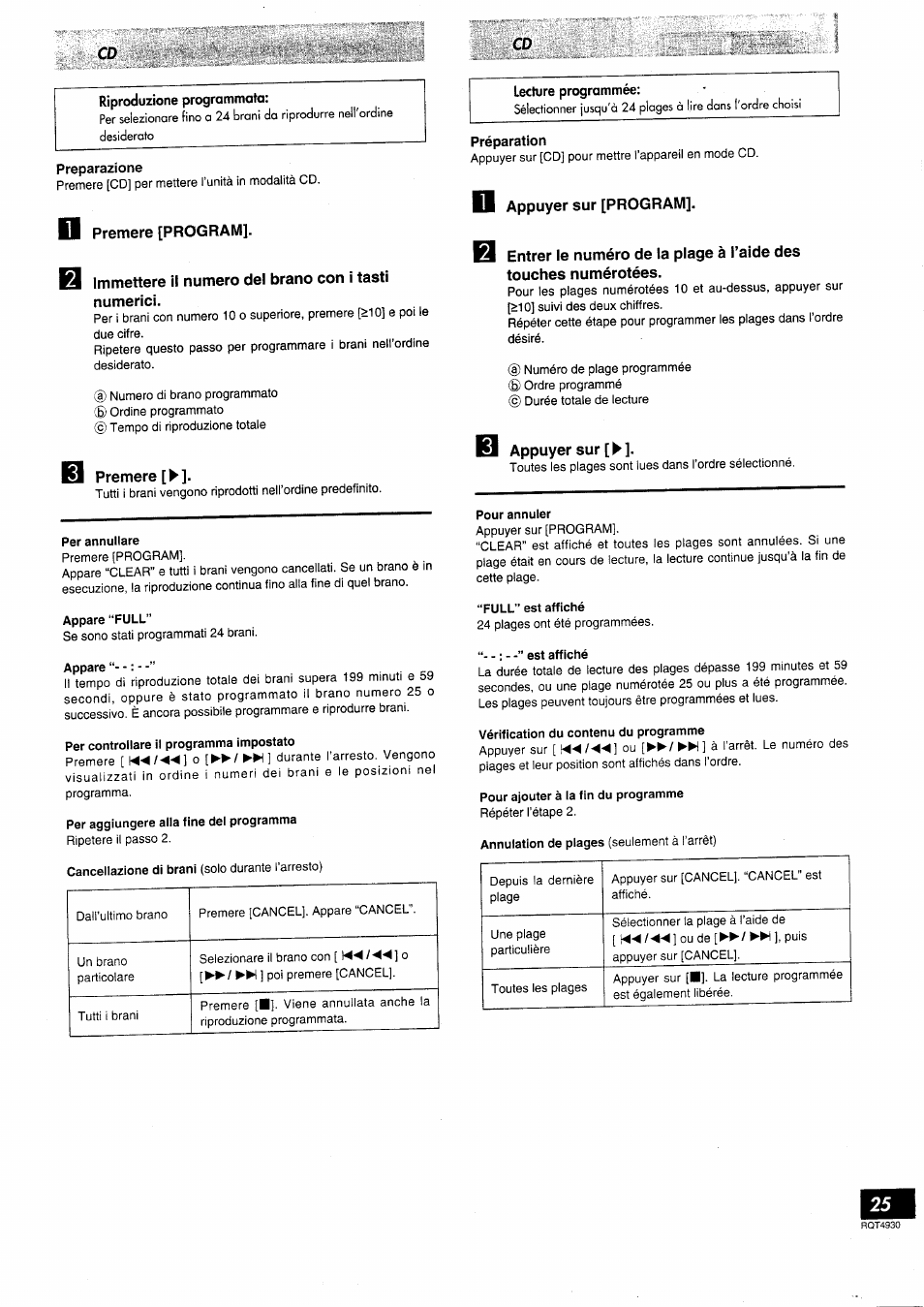 Premere [program, Immettere il numero del brano con i tasti numerici, Premere | Appuyer sur [program, Appuyer sur | Panasonic SCHD505MD User Manual | Page 25 / 56