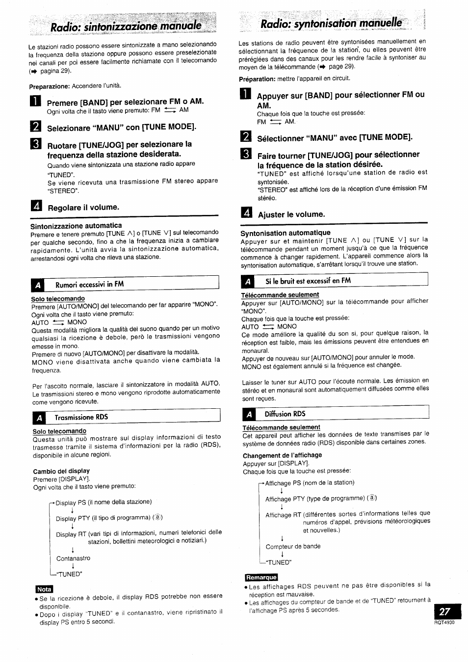 Radio: sintonizzazione manuale, Premere [band] per selezionare fm o am, Selezionare “manu” con [tune mode | Regoiare ii voiume, Radio: syntonisation manuelle, Appuyer sur [band] pour sélectionner fm ou am, Sélectionner “manu” avec [tune mode, Ajuster le volume | Panasonic SCHD505MD User Manual | Page 27 / 56