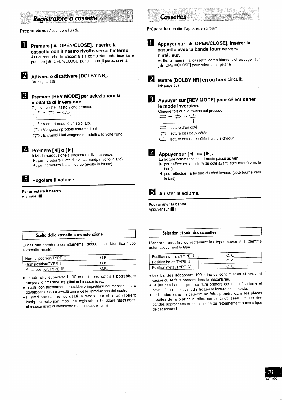 Registratore a cassette, Cassettes, T__________ i | Panasonic SCHD505MD User Manual | Page 31 / 56