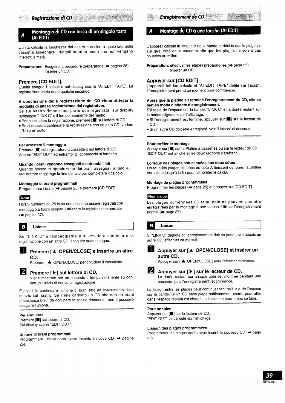 Montage de cd à une touche (al edit), Premere [cd edit, Appu'yer sur [cd edit | Premere [a open/close] e inserire un altro cd, Premere [ ► ] sul lettore di cd, Appuyer sur [a open/close] et insérer un autre cd, Appuyer sur [ ► ] sur le lecteur de cd | Panasonic SCHD505MD User Manual | Page 39 / 56
