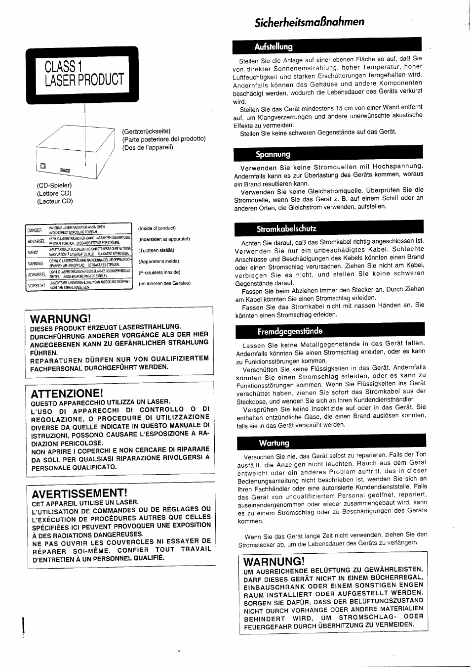 Sicherheifsmaßnahmen, Aufstellung, Stromkabelschutz | Sicherheitsmaßnahmen, Warnung, Attenzione, Avertissement, Uneoarünschte, Spannung, Fremdgegenstände | Panasonic SCHD505MD User Manual | Page 4 / 56