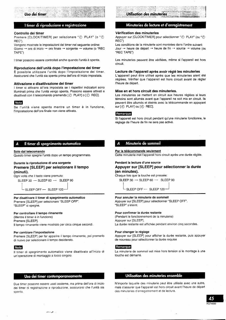 I timer di riproduzione e registrazione, Controllo dei timer, Attivazione e disattivazione dei timer | Minuteries de lecture et d'enregistrement, Vérification des minuteries, Mise en et hors circuit des minuteries, Il rimer di spegnimento automatico, Premere [sleep] per selezionare il tempo (minuti), Appuyer sur [sleep] pour sélectionner la durée, En minutes) | Panasonic SCHD505MD User Manual | Page 45 / 56