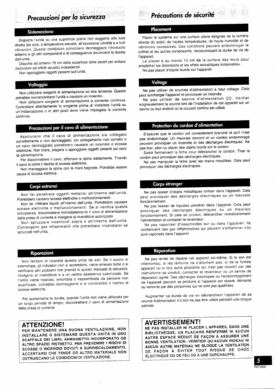 Precauzioni per la sicurezza, Précautions de sécurité, Attenzione | Avertissement | Panasonic SCHD505MD User Manual | Page 5 / 56