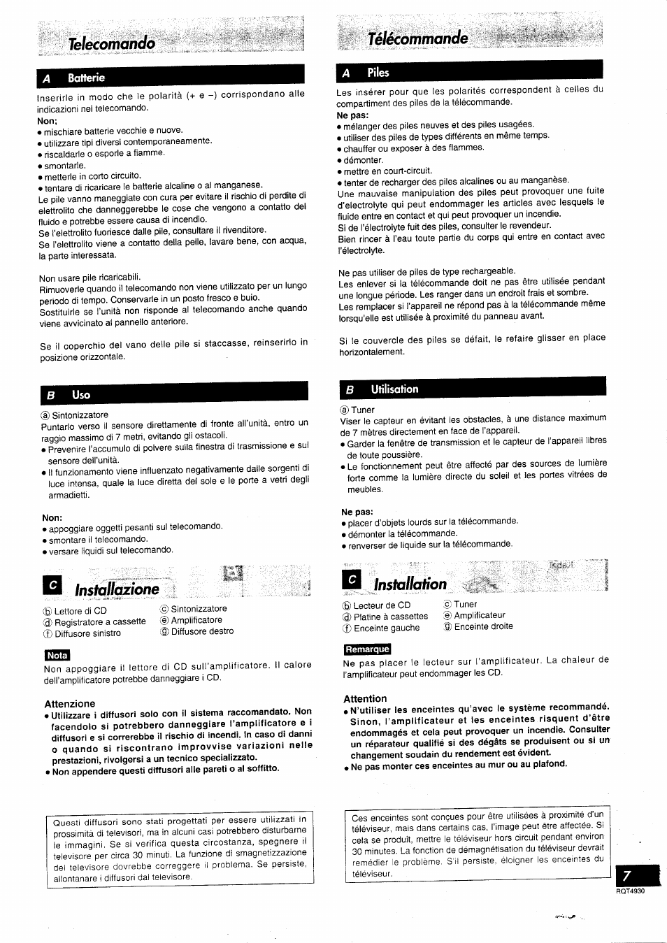 Installazione, Telecomando télécommande, Installation | Panasonic SCHD505MD User Manual | Page 7 / 56