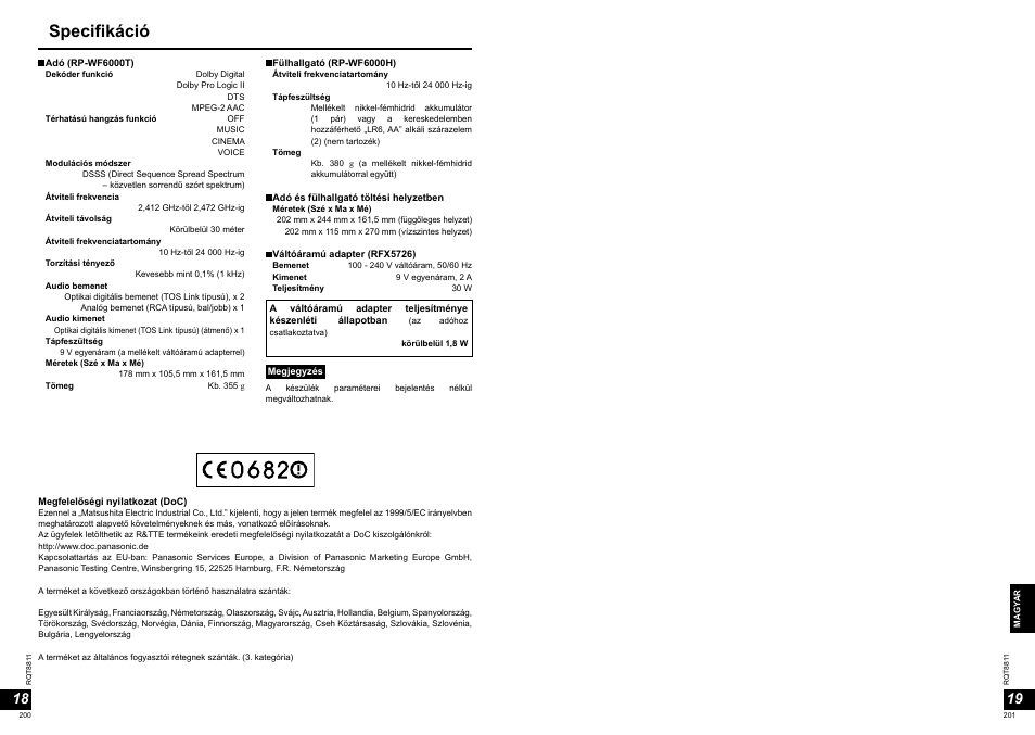 Specifikáció | Panasonic RPWF6000 User Manual | Page 101 / 113