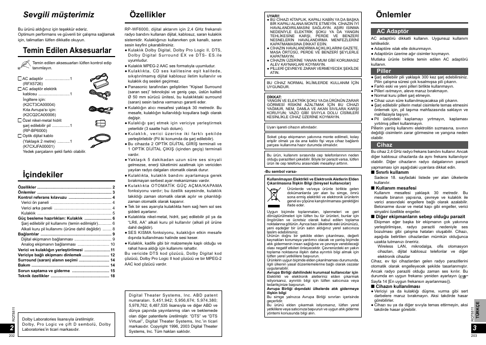 Önlemler özellikler içindekiler, Sevgili müşterimiz, Temin edilen aksesuarlar | Ac adaptör, Piller, Cihaz | Panasonic RPWF6000 User Manual | Page 102 / 113