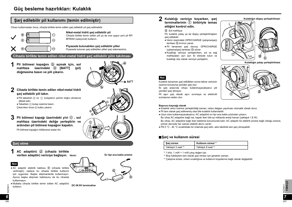 Güç besleme hazırlıkları: kulaklık, Şarj edilebilir pil kullanımı (temin edilmiştir) | Panasonic RPWF6000 User Manual | Page 104 / 113