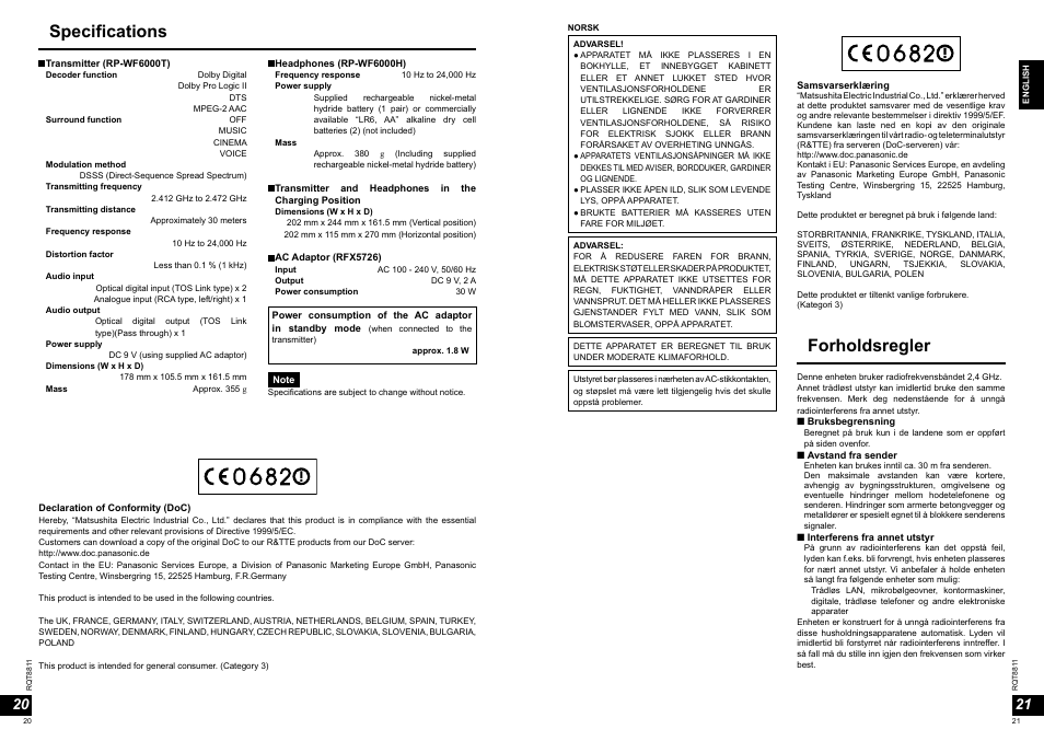 Specifications, Forholdsregler | Panasonic RPWF6000 User Manual | Page 11 / 113