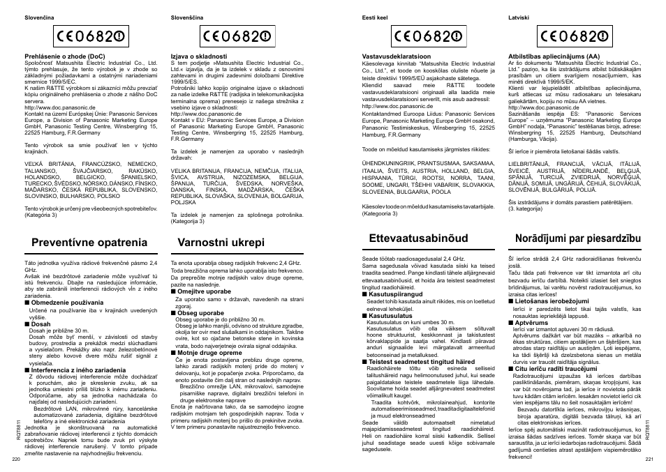 Ettevaatusabinõud, Norādījumi par piesardzību, Preventívne opatrenia | Varnostni ukrepi | Panasonic RPWF6000 User Manual | Page 111 / 113