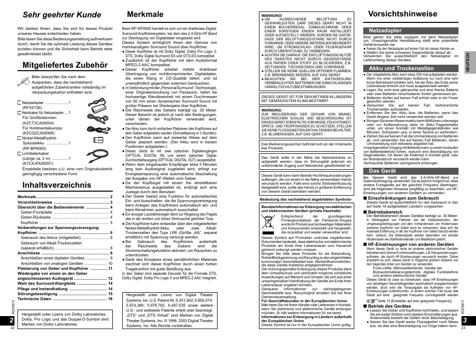 Merkmale inhaltsverzeichnis, Sehr geehrter kunde, Vorsichtshinweise mitgeliefertes zubehör | Netzadapter, Akku und trockenzellen, Das gerät | Panasonic RPWF6000 User Manual | Page 12 / 113