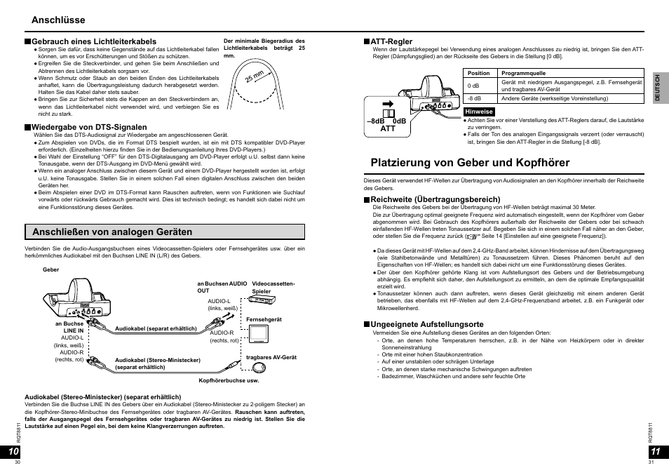 Platzierung von geber und kopfhörer, Anschließen von analogen geräten, Anschlüsse | Panasonic RPWF6000 User Manual | Page 16 / 113