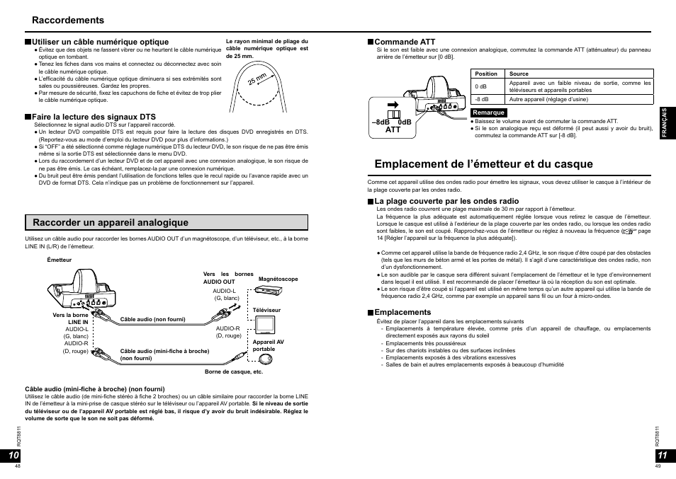 Emplacement de l’émetteur et du casque, Raccorder un appareil analogique, Raccordements | Panasonic RPWF6000 User Manual | Page 25 / 113