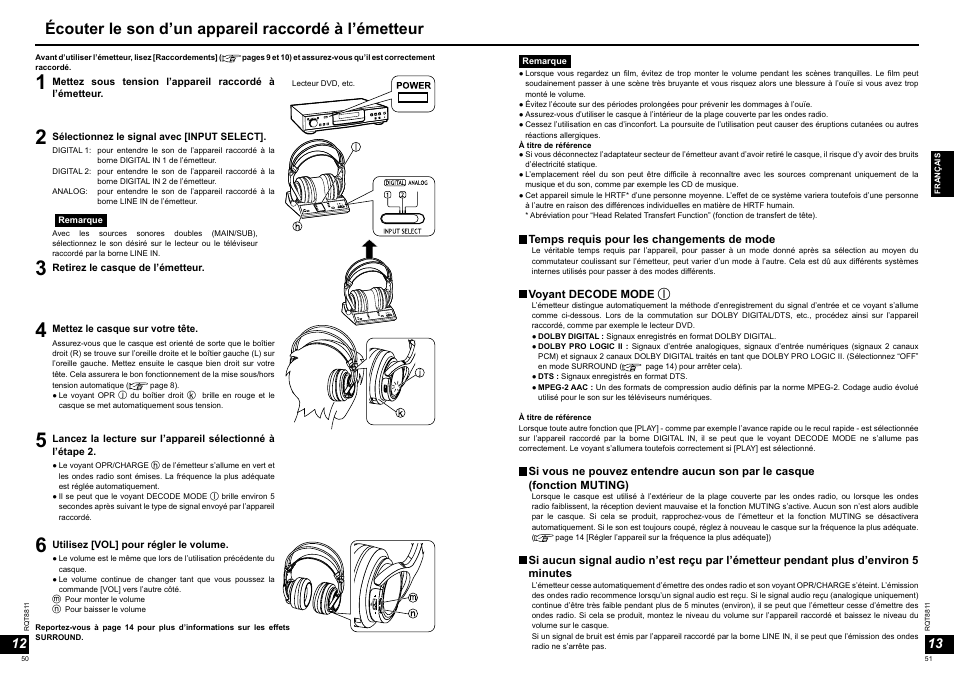 Écouter le son d’un appareil raccordé à l’émetteur | Panasonic RPWF6000 User Manual | Page 26 / 113
