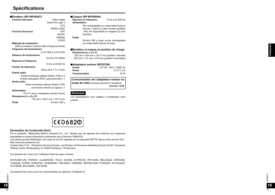 Spécifications | Panasonic RPWF6000 User Manual | Page 29 / 113