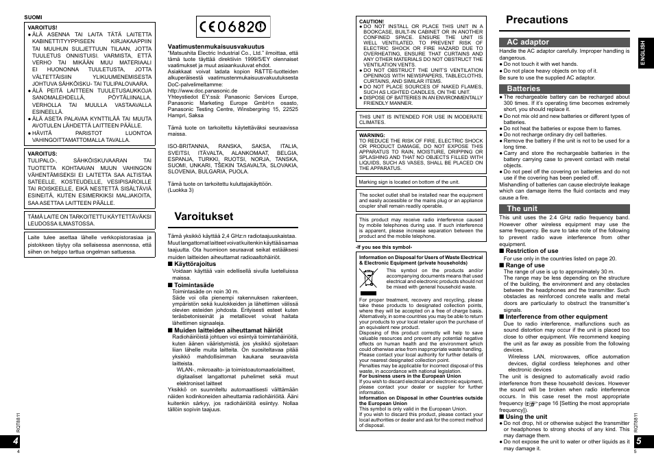Precautions, Varoitukset, Ac adaptor | Batteries, The unit | Panasonic RPWF6000 User Manual | Page 3 / 113