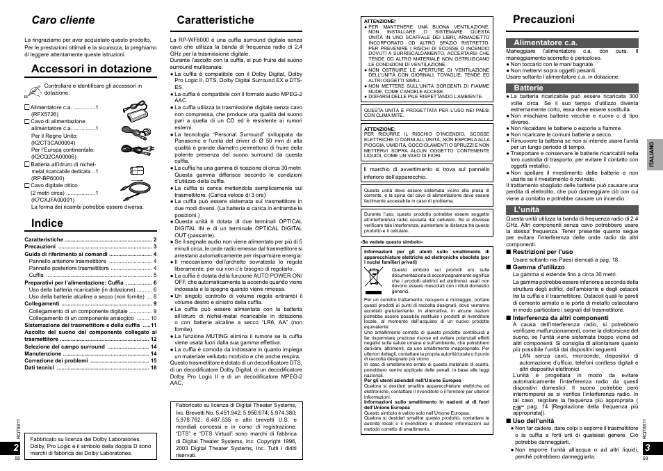 Caratteristiche indice, Caro cliente, Precauzioni accessori in dotazione | Alimentatore c.a, Batterie, L’unità | Panasonic RPWF6000 User Manual | Page 30 / 113