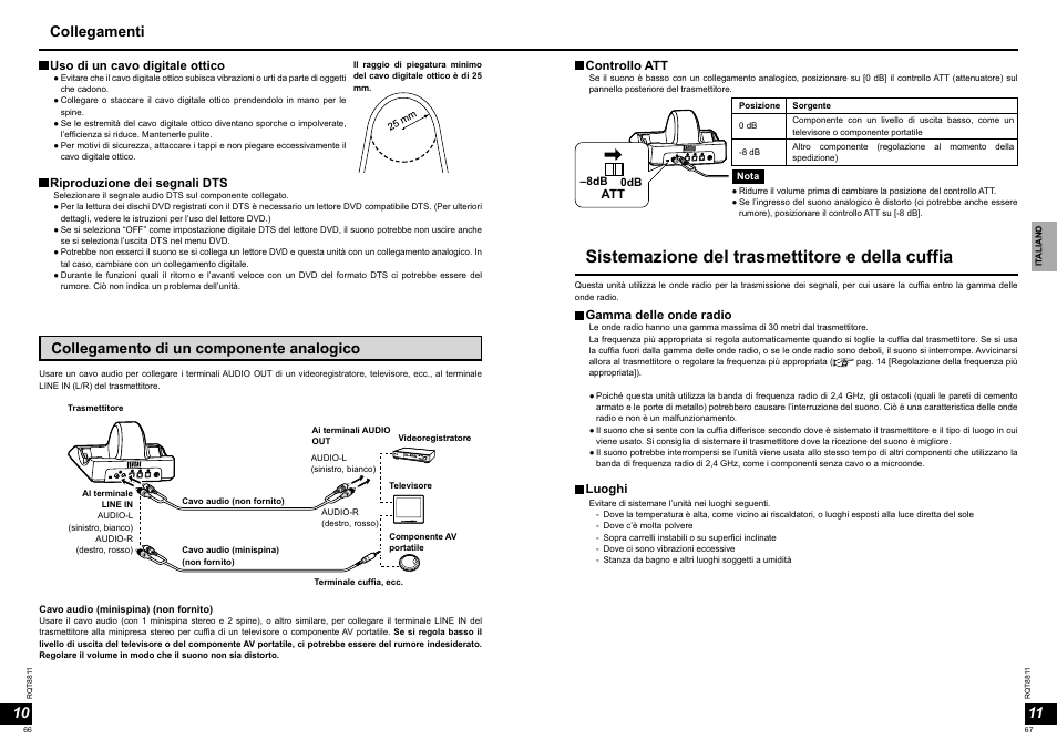 Sistemazione del trasmettitore e della cuffia, Collegamento di un componente analogico, Collegamenti | Panasonic RPWF6000 User Manual | Page 34 / 113