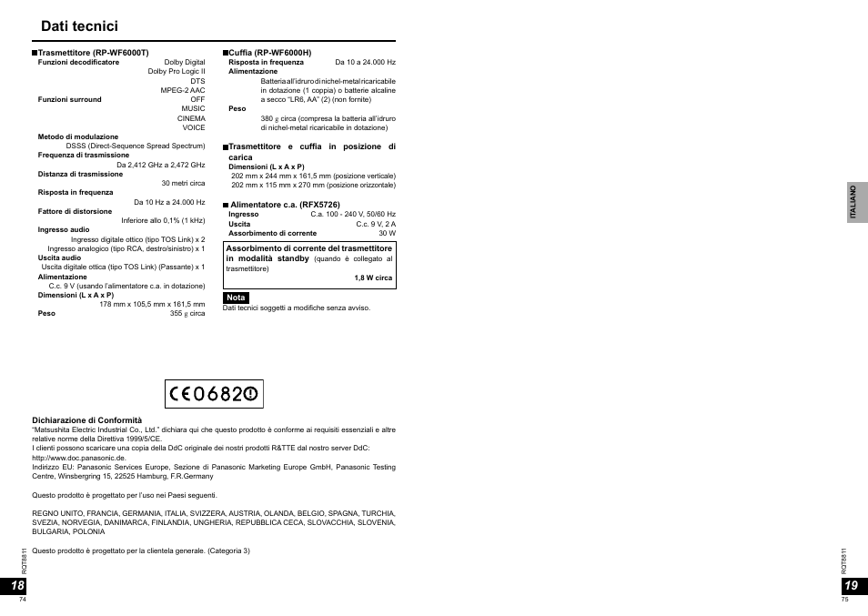 Dati tecnici | Panasonic RPWF6000 User Manual | Page 38 / 113