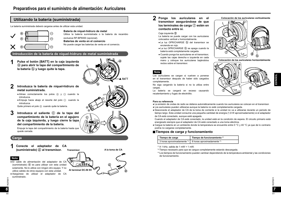 Utilizando la batería (suministrada) | Panasonic RPWF6000 User Manual | Page 41 / 113