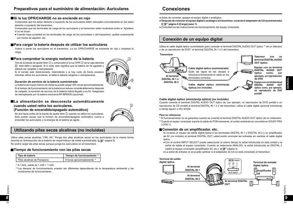 Conexiones, Utilizando pilas secas alcalinas (no incluidas), Conexión de un equipo digital | Tiempo de funcionamiento con las pilas secas, Conexión de un amplificador, etc, Si la luz opr/charge no se enciende en rojo, Para comprobar la energía restante de la batería | Panasonic RPWF6000 User Manual | Page 42 / 113