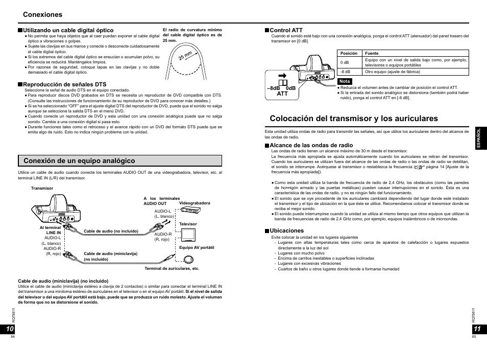 Colocación del transmisor y los auriculares, Conexión de un equipo analógico, Conexiones | Panasonic RPWF6000 User Manual | Page 43 / 113