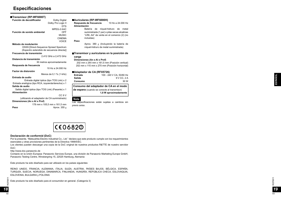Especificaciones | Panasonic RPWF6000 User Manual | Page 47 / 113