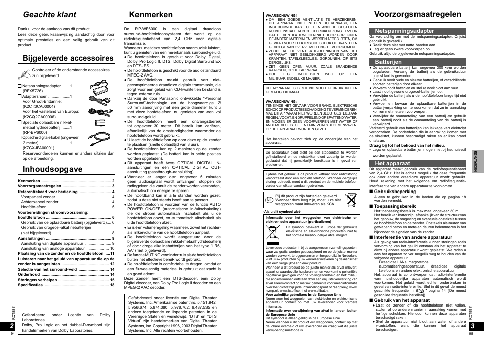 Kenmerken inhoudsopgave, Geachte klant, Voorzorgsmaatregelen bijgeleverde accessoires | Netspanningsadapter, Batterijen, Het apparaat | Panasonic RPWF6000 User Manual | Page 48 / 113