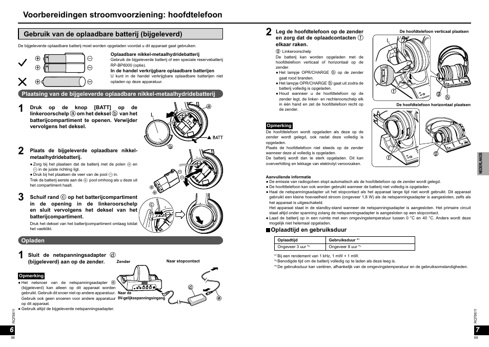 Voorbereidingen stroomvoorziening: hoofdtelefoon, Gebruik van de oplaadbare batterij (bijgeleverd) | Panasonic RPWF6000 User Manual | Page 50 / 113