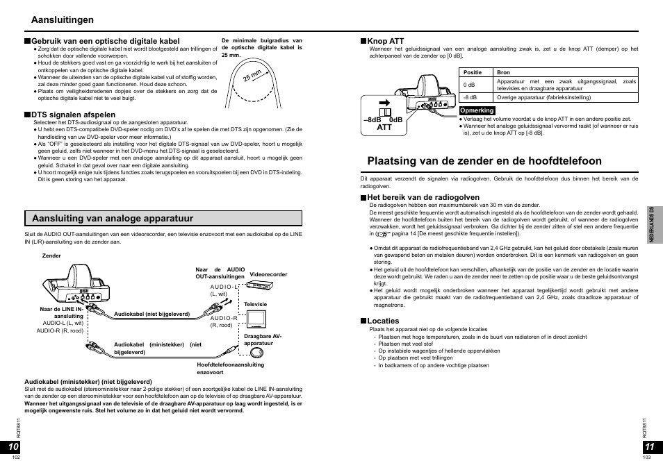 Plaatsing van de zender en de hoofdtelefoon, Aansluiting van analoge apparatuur, Aansluitingen | Panasonic RPWF6000 User Manual | Page 52 / 113