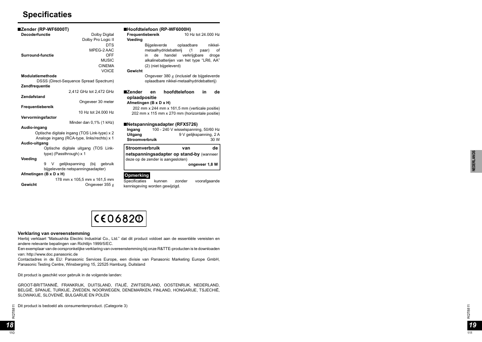 Specificaties | Panasonic RPWF6000 User Manual | Page 56 / 113