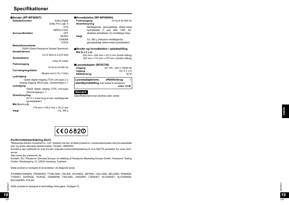 Specifikationer | Panasonic RPWF6000 User Manual | Page 65 / 113