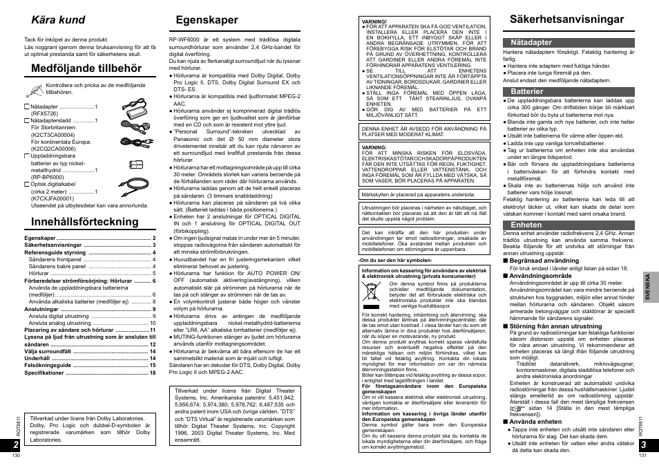 Egenskaper innehållsförteckning, Kära kund, Säkerhetsanvisningar medföljande tillbehör | Nätadapter, Batterier, Enheten | Panasonic RPWF6000 User Manual | Page 66 / 113