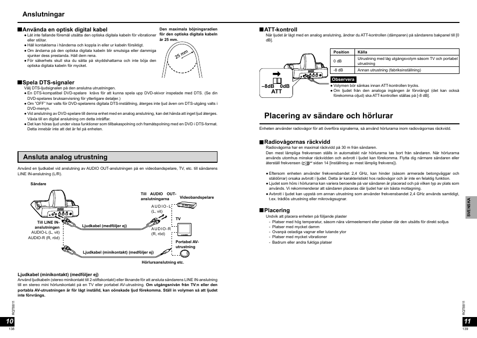 Placering av sändare och hörlurar, Ansluta analog utrustning, Anslutningar | Panasonic RPWF6000 User Manual | Page 70 / 113
