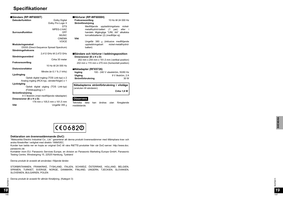 Specifikationer | Panasonic RPWF6000 User Manual | Page 74 / 113