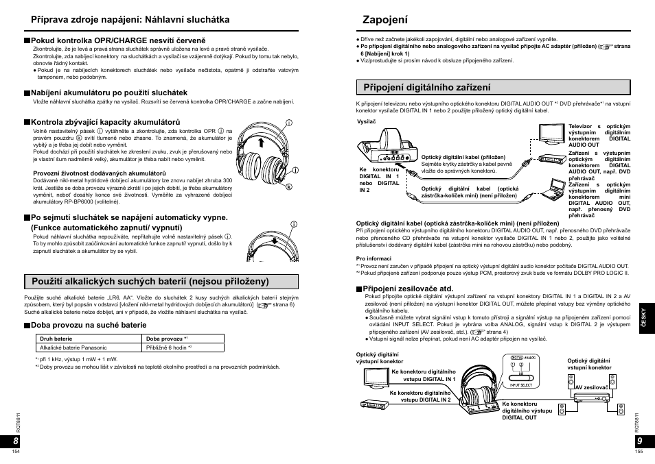 Zapojení, Připojení digitálního zařízení, Příprava zdroje napájení: náhlavní sluchátka | Doba provozu na suché baterie, Připojení zesilovače atd, Pokud kontrolka opr/charge nesvítí červeně, Nabíjení akumulátoru po použití sluchátek, Kontrola zbývající kapacity akumulátorů | Panasonic RPWF6000 User Manual | Page 78 / 113
