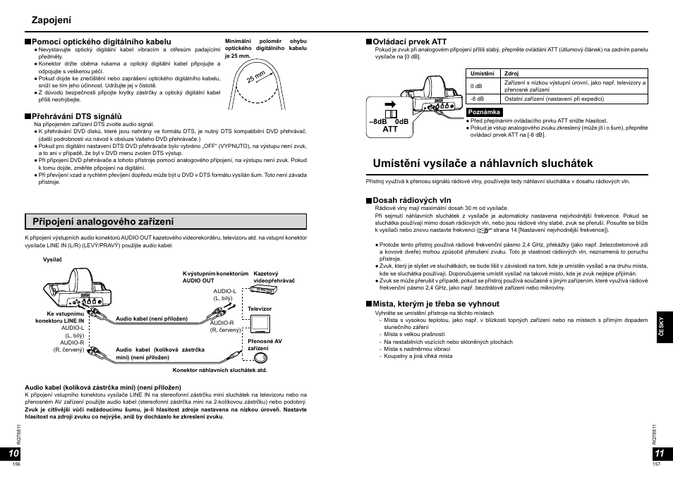 Umístění vysílače a náhlavních sluchátek, Připojení analogového zařízení, Zapojení | Panasonic RPWF6000 User Manual | Page 79 / 113