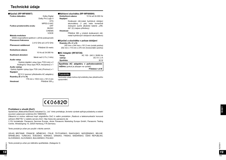 Technické údaje | Panasonic RPWF6000 User Manual | Page 83 / 113